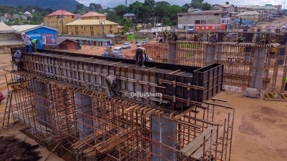 The Ganaja Junction Flyover under construction, with piers and deck formwork over the junction